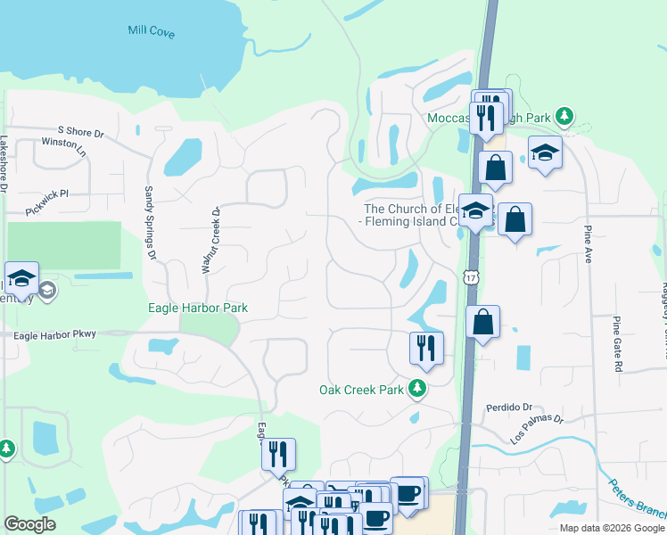 map of restaurants, bars, coffee shops, grocery stores, and more near 1818 Royal Fern Lane in Orange Park