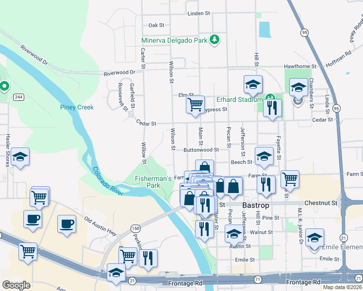 map of restaurants, bars, coffee shops, grocery stores, and more near 1404 Church Street in Bastrop
