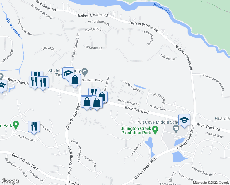map of restaurants, bars, coffee shops, grocery stores, and more near 1106 Southern Mill Court in Jacksonville