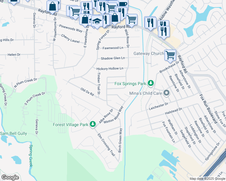 map of restaurants, bars, coffee shops, grocery stores, and more near 2315 Turnbury Elm Court in Spring