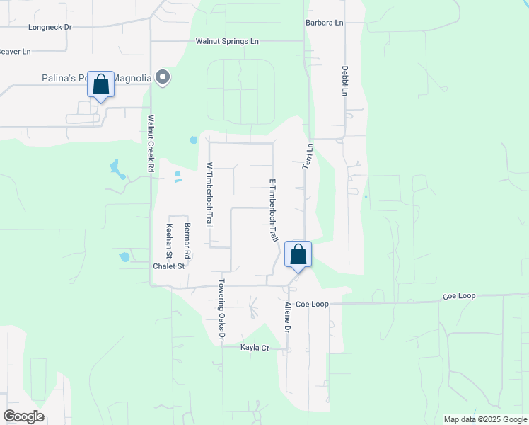map of restaurants, bars, coffee shops, grocery stores, and more near 16207 Oaklane Trail in Magnolia