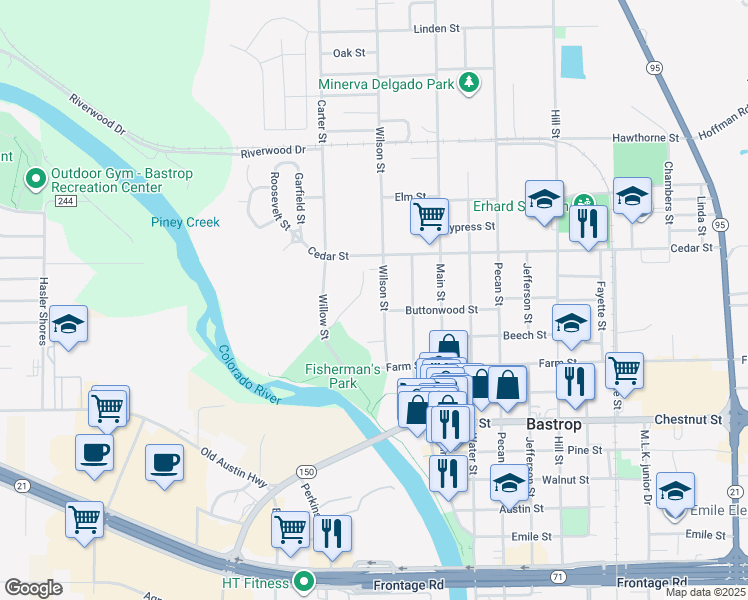 map of restaurants, bars, coffee shops, grocery stores, and more near 1404 Wilson Street in Bastrop