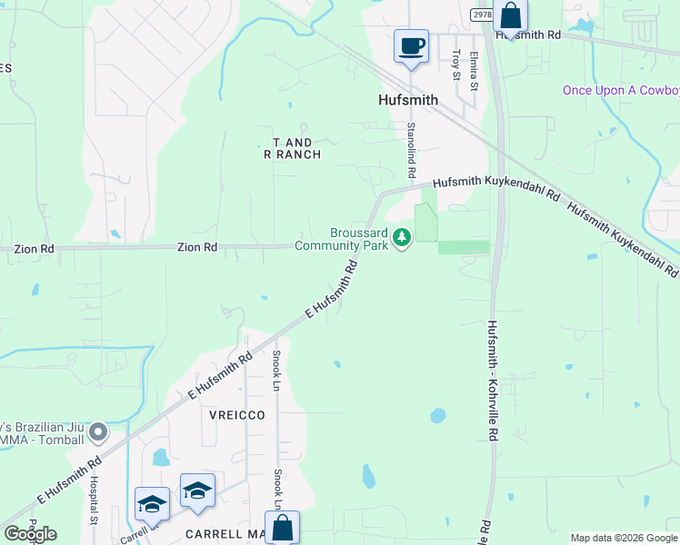 map of restaurants, bars, coffee shops, grocery stores, and more near 13010 East Hufsmith Road in Tomball
