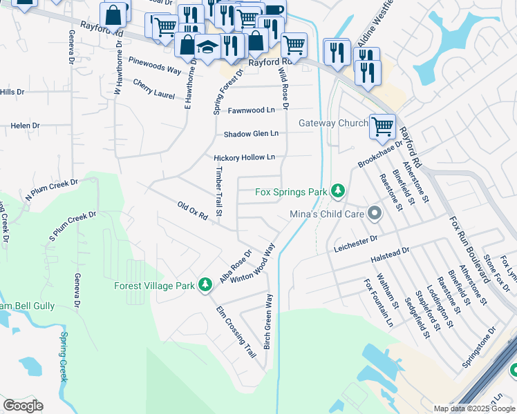 map of restaurants, bars, coffee shops, grocery stores, and more near 2334 Turnbury Elm Court in Spring