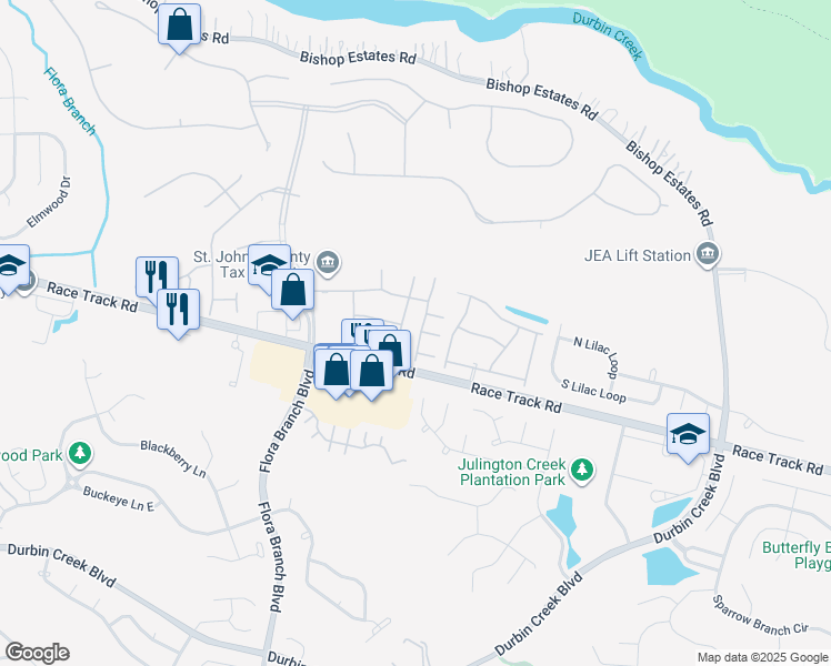map of restaurants, bars, coffee shops, grocery stores, and more near 841 Southern Creek Drive in Jacksonville