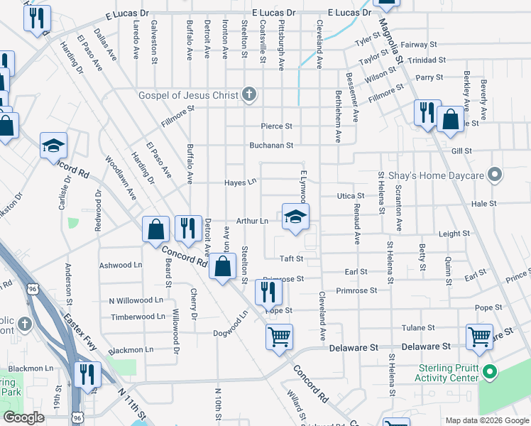 map of restaurants, bars, coffee shops, grocery stores, and more near 2460 Overbrook Lane in Beaumont