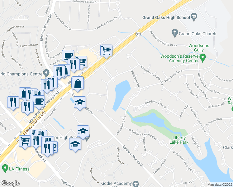 map of restaurants, bars, coffee shops, grocery stores, and more near 3815 Waterbend Cove in Spring