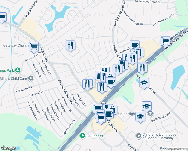 map of restaurants, bars, coffee shops, grocery stores, and more near 29310 Legends Meade Drive in Spring