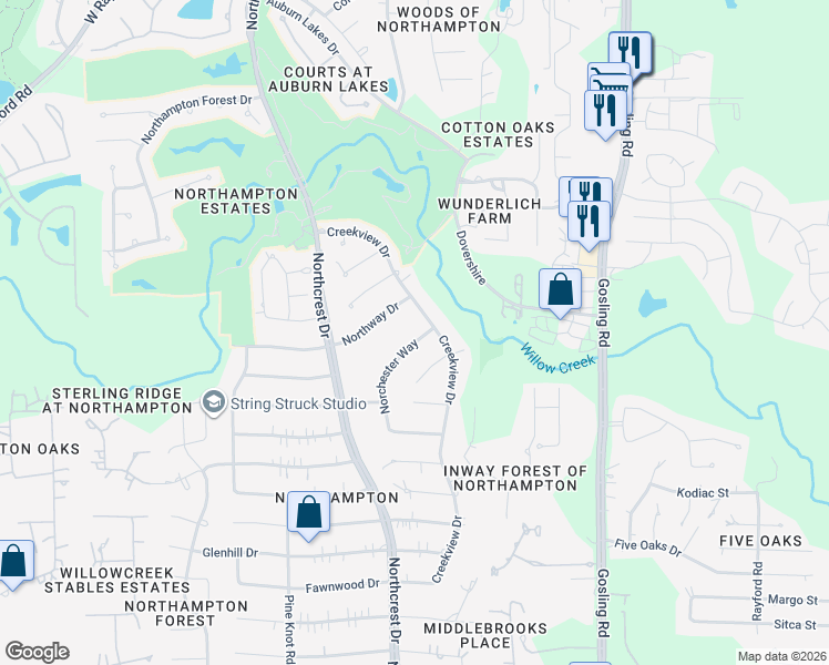 map of restaurants, bars, coffee shops, grocery stores, and more near 24411 Norchester Way in Spring