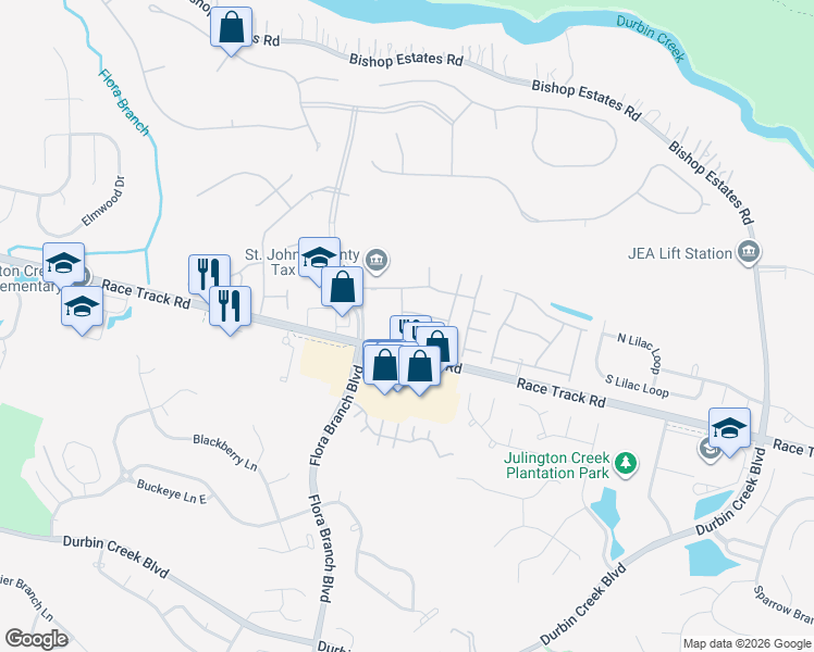 map of restaurants, bars, coffee shops, grocery stores, and more near 707 Middle Branch Way in Jacksonville