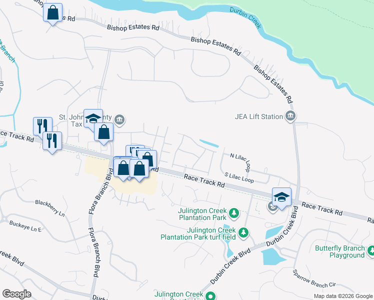 map of restaurants, bars, coffee shops, grocery stores, and more near 622 Briar Way Lane in Jacksonville