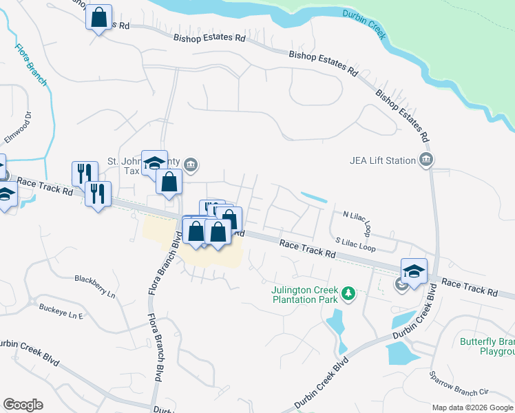 map of restaurants, bars, coffee shops, grocery stores, and more near 1102 Southern Mill Court in Jacksonville