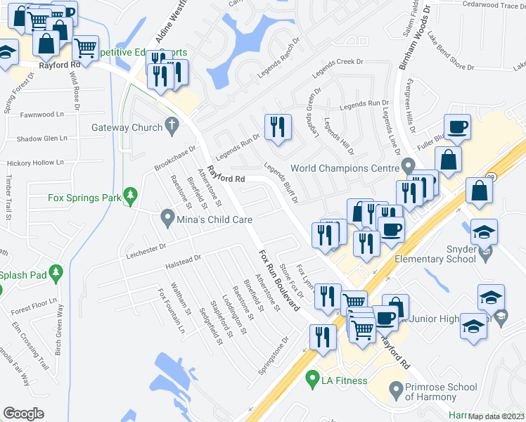 map of restaurants, bars, coffee shops, grocery stores, and more near 2823 Fox Ravine Drive in Spring