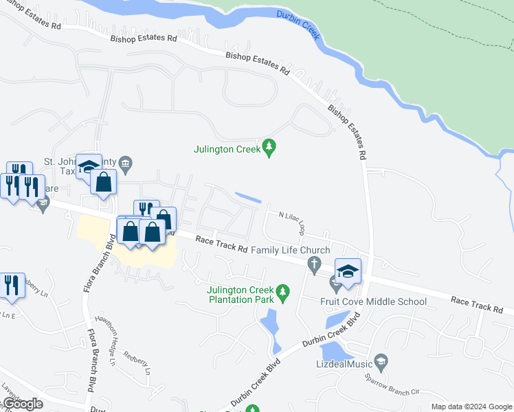 map of restaurants, bars, coffee shops, grocery stores, and more near 788 Ginger Mill Drive in Saint Johns
