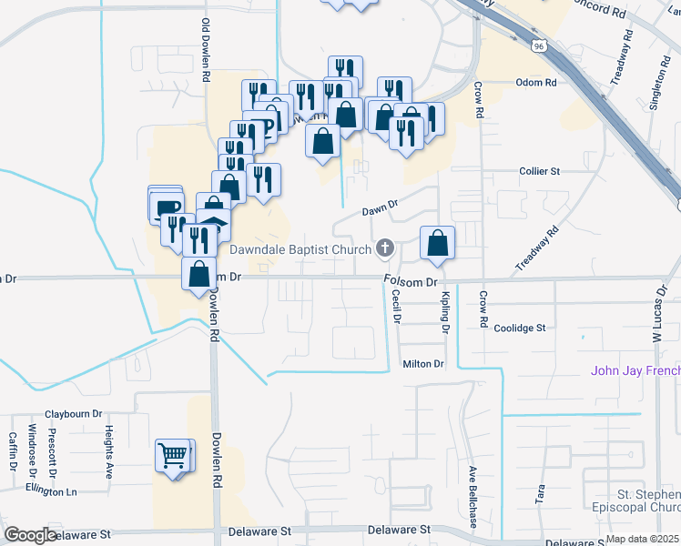map of restaurants, bars, coffee shops, grocery stores, and more near 5444 Folsom Drive in Beaumont