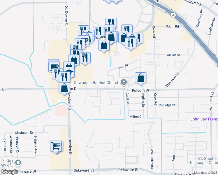 map of restaurants, bars, coffee shops, grocery stores, and more near 5444 Folsom Drive in Beaumont