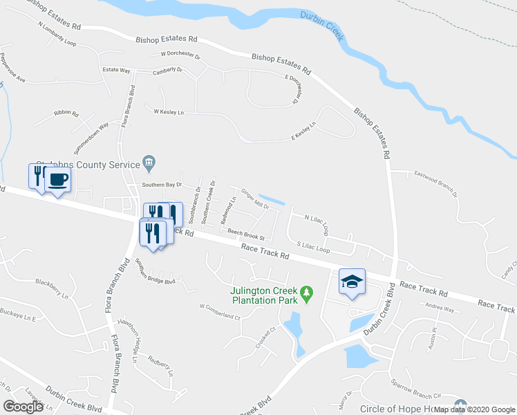 map of restaurants, bars, coffee shops, grocery stores, and more near 759 Ginger Mill Drive in Jacksonville