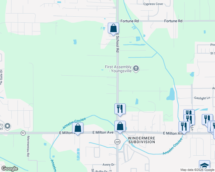 map of restaurants, bars, coffee shops, grocery stores, and more near 3618 Verot School Road in Youngsville