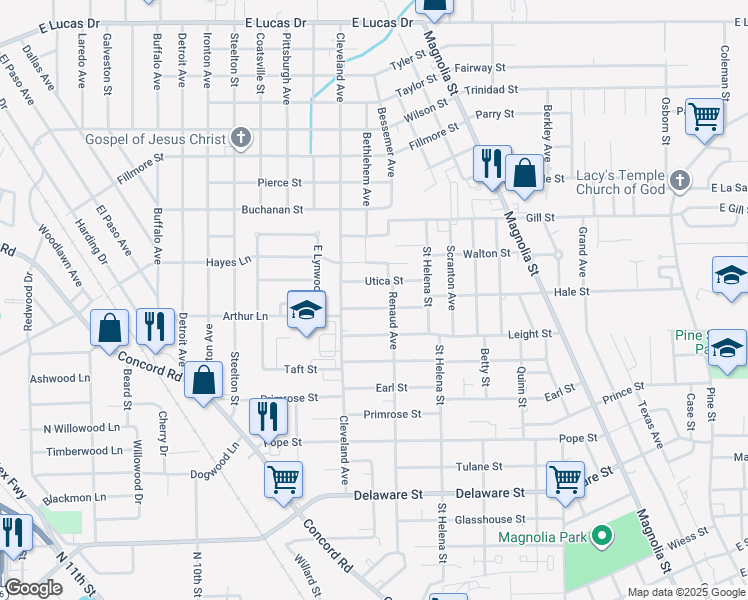 map of restaurants, bars, coffee shops, grocery stores, and more near 2160 Toledo Street in Beaumont