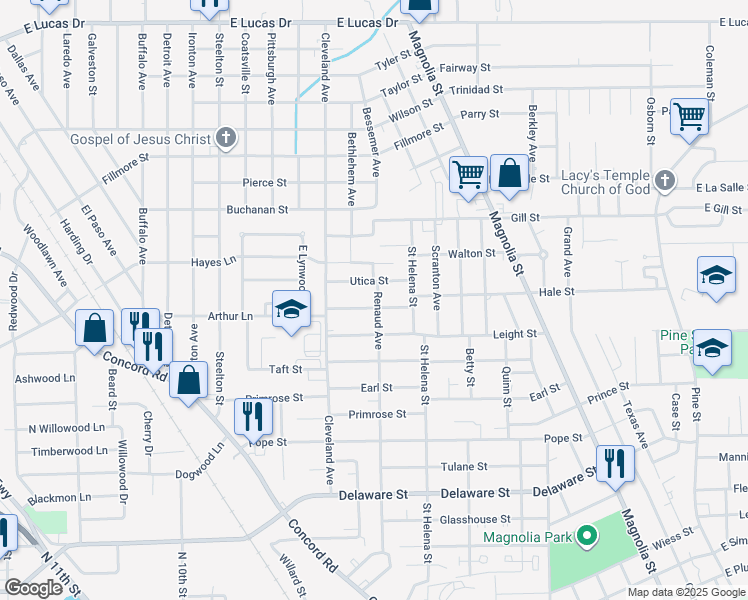 map of restaurants, bars, coffee shops, grocery stores, and more near 2160 Toledo Street in Beaumont