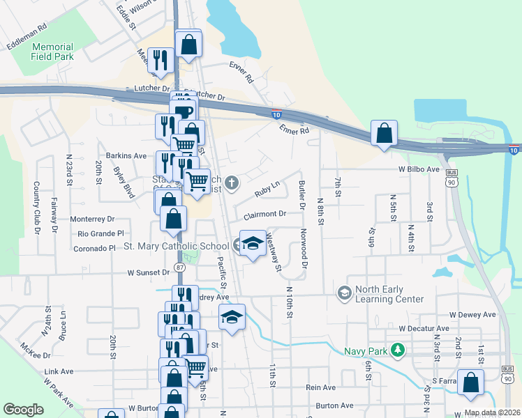 map of restaurants, bars, coffee shops, grocery stores, and more near 1026 Clairmont Drive in Orange
