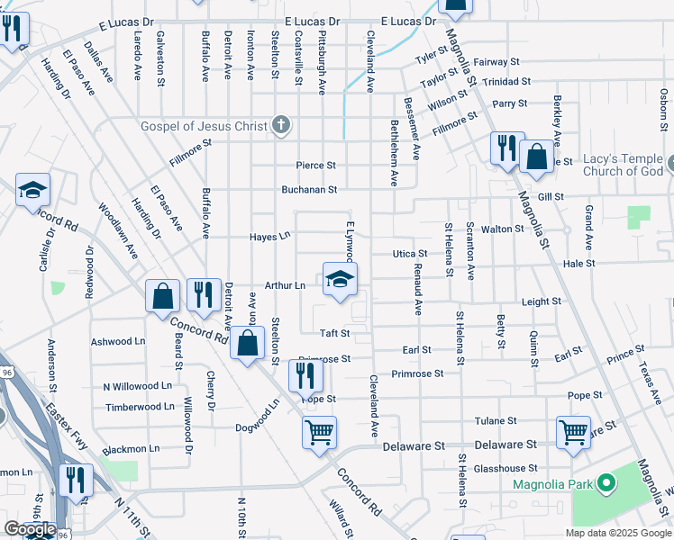 map of restaurants, bars, coffee shops, grocery stores, and more near 2360 Overbrook Lane in Beaumont