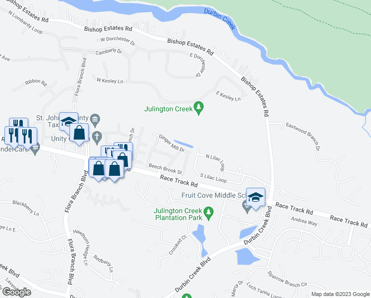 map of restaurants, bars, coffee shops, grocery stores, and more near 780 Ginger Mill Drive in Jacksonville