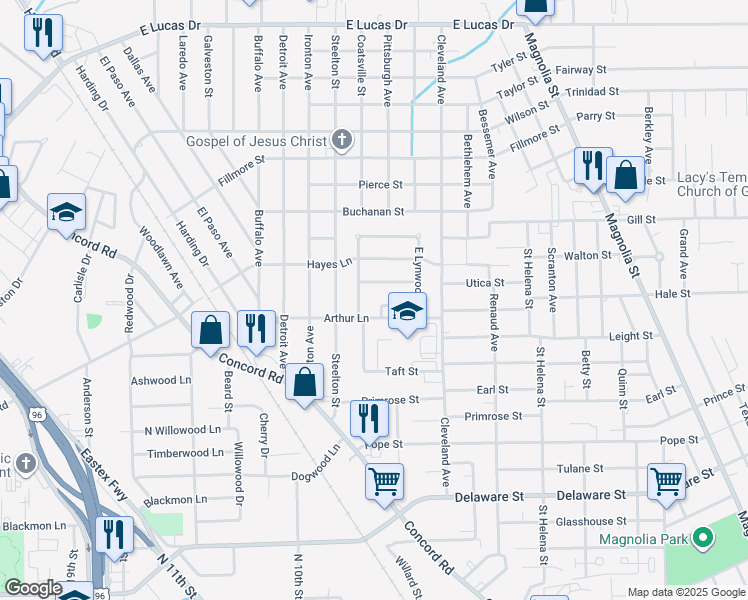 map of restaurants, bars, coffee shops, grocery stores, and more near 2460 Overbrook Lane in Beaumont