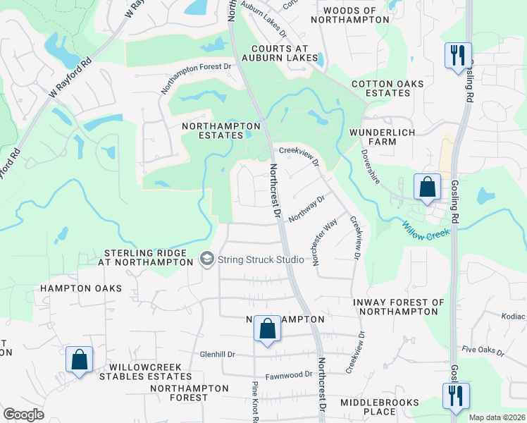 map of restaurants, bars, coffee shops, grocery stores, and more near 6211 Kingscrest Lane in Spring