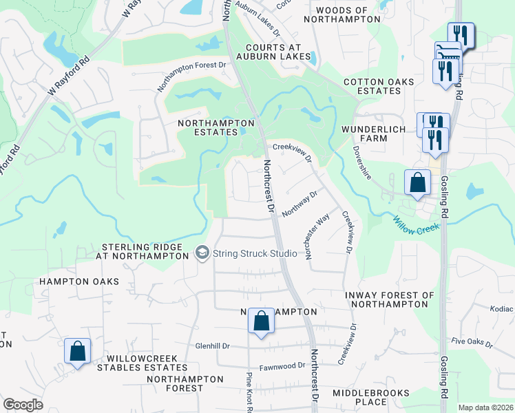map of restaurants, bars, coffee shops, grocery stores, and more near 6211 Kingscrest Lane in Spring
