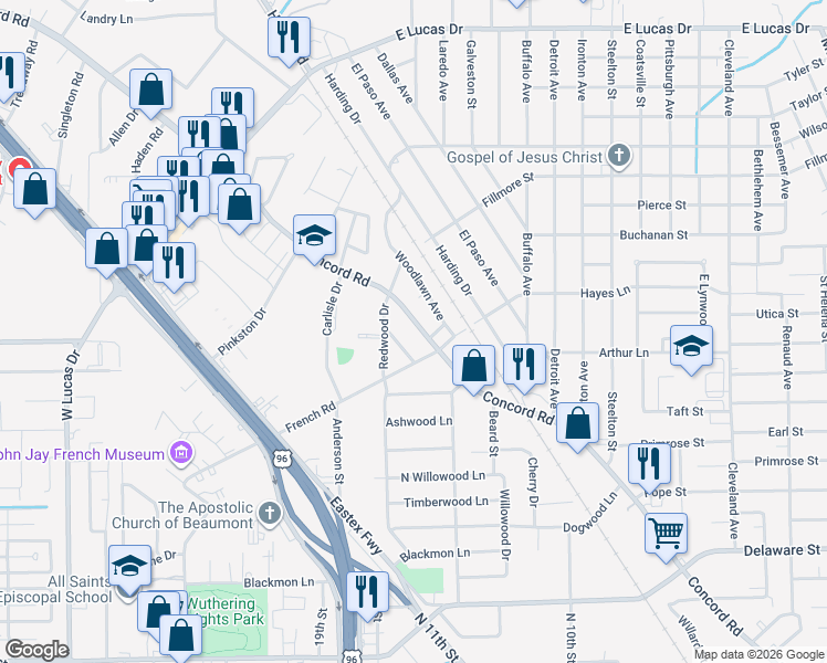 map of restaurants, bars, coffee shops, grocery stores, and more near 4199 Concord Road in Beaumont