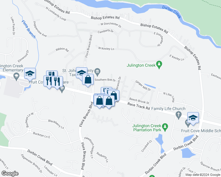 map of restaurants, bars, coffee shops, grocery stores, and more near 729 Middle Branch Way in Jacksonville