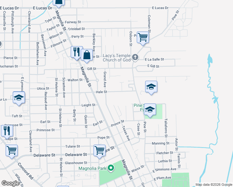 map of restaurants, bars, coffee shops, grocery stores, and more near 1315 Hale Street in Beaumont