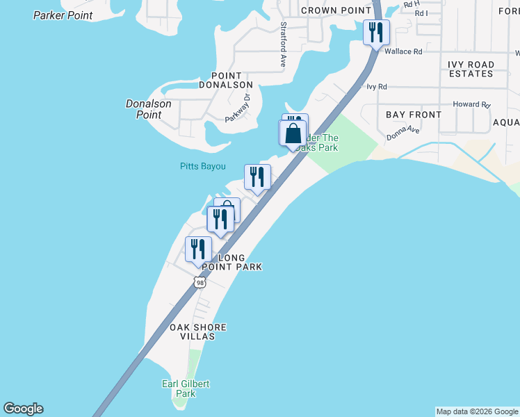 map of restaurants, bars, coffee shops, grocery stores, and more near 6043 US Highway 98 in Panama City