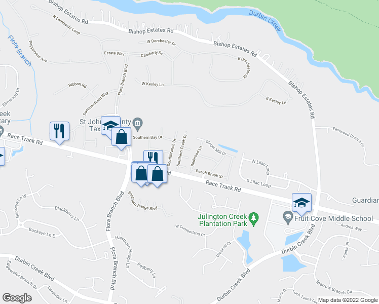 map of restaurants, bars, coffee shops, grocery stores, and more near 1009 South Bank Way in Fruit Cove