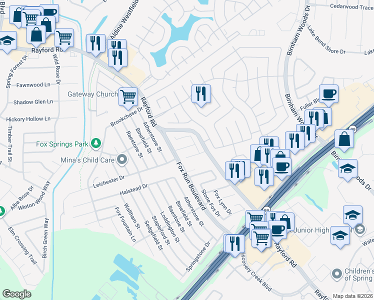 map of restaurants, bars, coffee shops, grocery stores, and more near 2822 Fox Mountain Drive in Spring