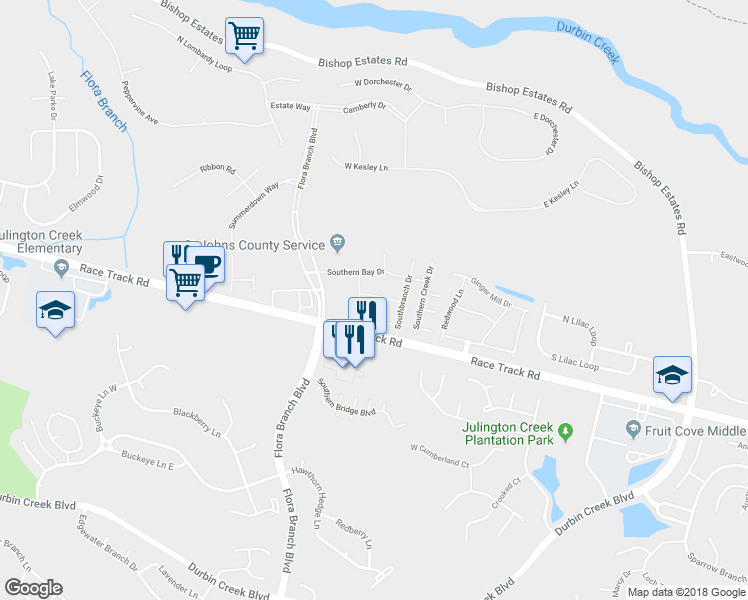 map of restaurants, bars, coffee shops, grocery stores, and more near 717 Middle Branch Way in Saint Johns