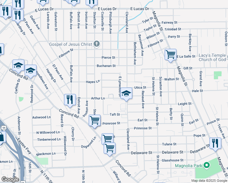 map of restaurants, bars, coffee shops, grocery stores, and more near 2360 Overbrook Lane in Beaumont