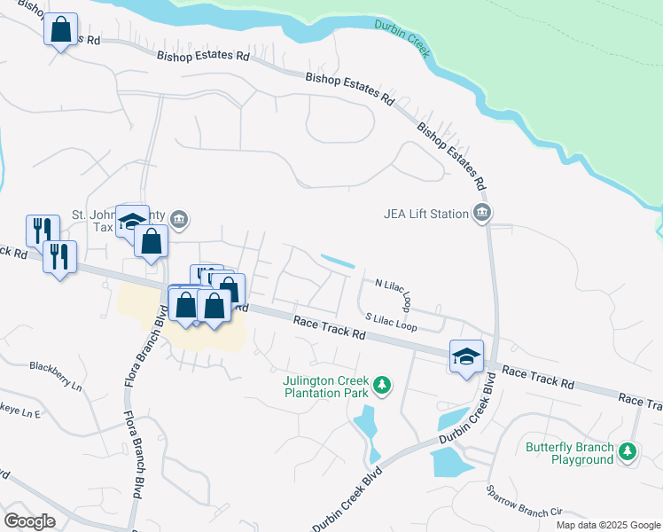map of restaurants, bars, coffee shops, grocery stores, and more near 768 Ginger Mill Drive in Saint Johns