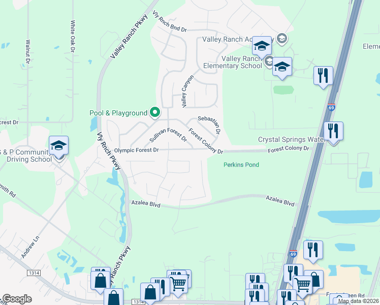 map of restaurants, bars, coffee shops, grocery stores, and more near 21562 Olympic Forest Drive in Porter