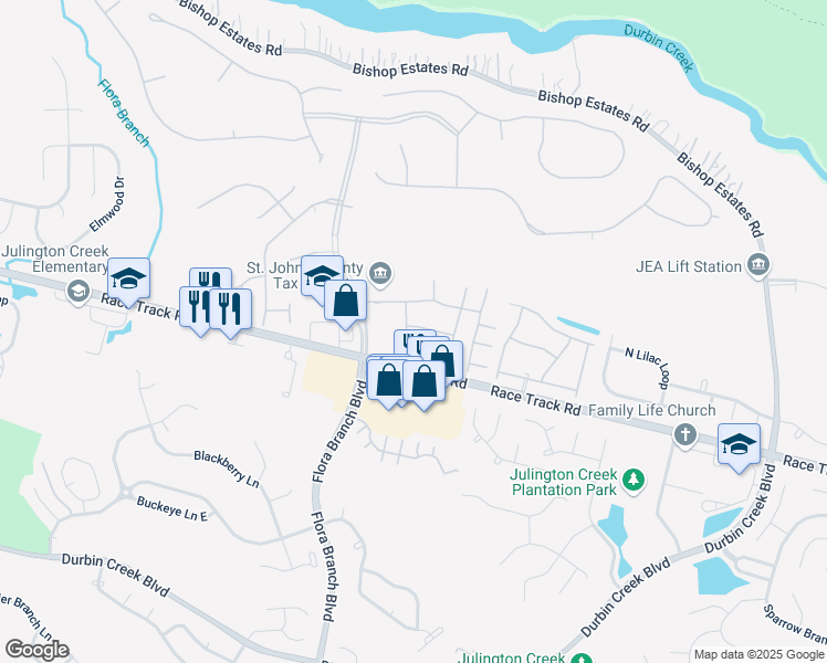 map of restaurants, bars, coffee shops, grocery stores, and more near 707 Middle Branch Way in Jacksonville