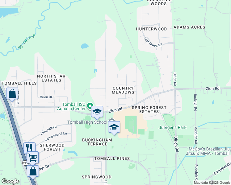 map of restaurants, bars, coffee shops, grocery stores, and more near 13627 Country Lane in Tomball