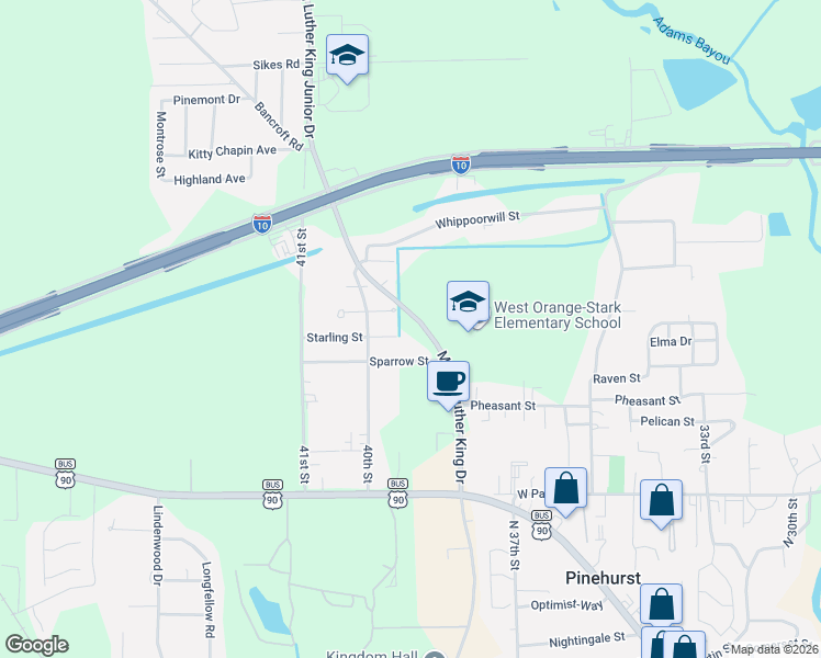 map of restaurants, bars, coffee shops, grocery stores, and more near 2602 Martin Luther King in Orange