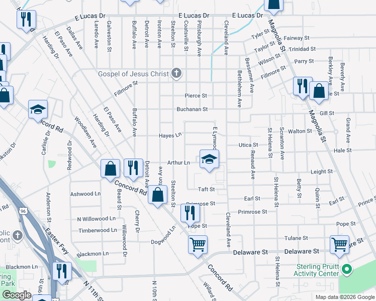 map of restaurants, bars, coffee shops, grocery stores, and more near 2460 Overbrook Lane in Beaumont