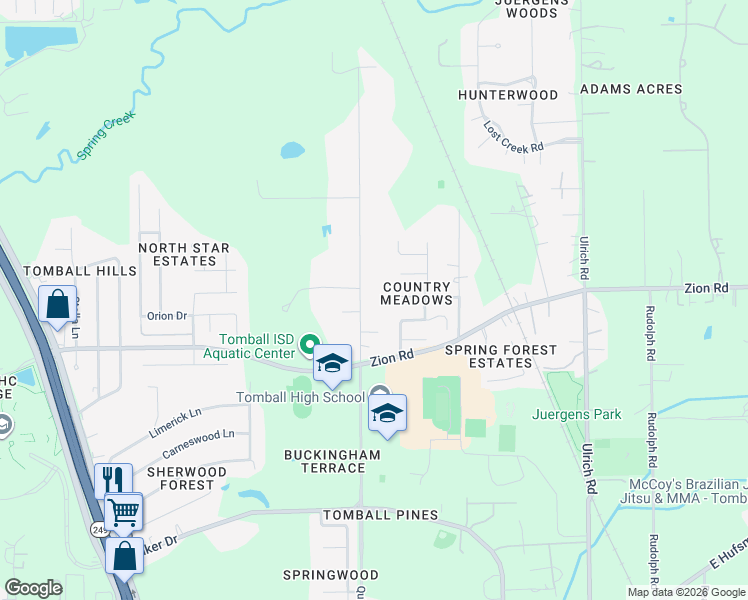 map of restaurants, bars, coffee shops, grocery stores, and more near 13627 Country Lane in Tomball