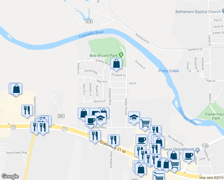 map of restaurants, bars, coffee shops, grocery stores, and more near 619 Rebecca Lane in Bastrop
