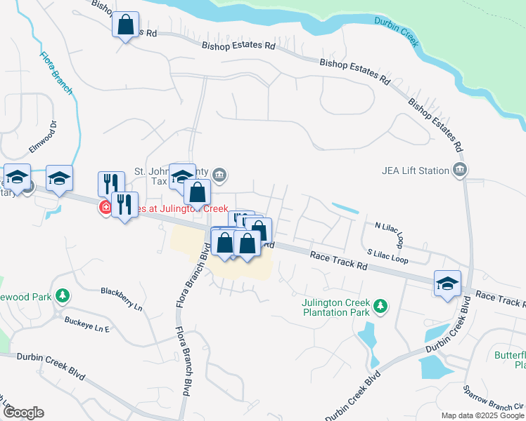 map of restaurants, bars, coffee shops, grocery stores, and more near 750 Middle Branch Way in Saint Johns