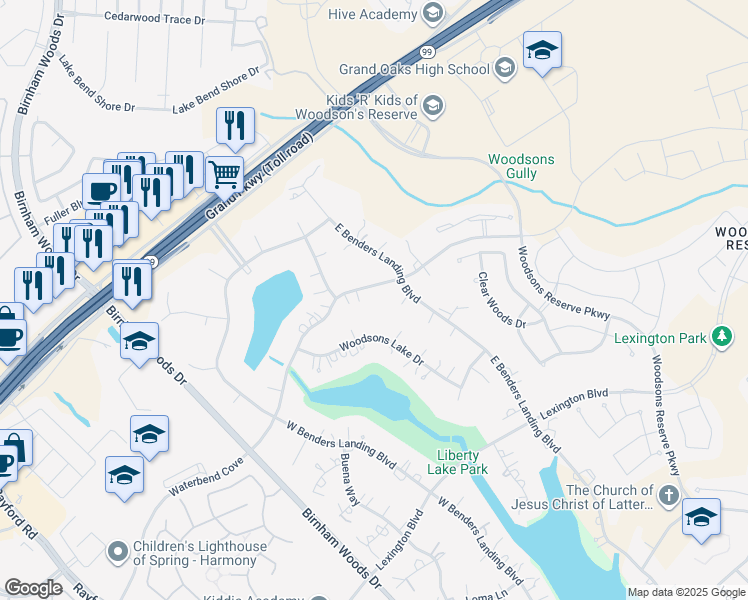 map of restaurants, bars, coffee shops, grocery stores, and more near 3914 Waterbend Cove in Spring