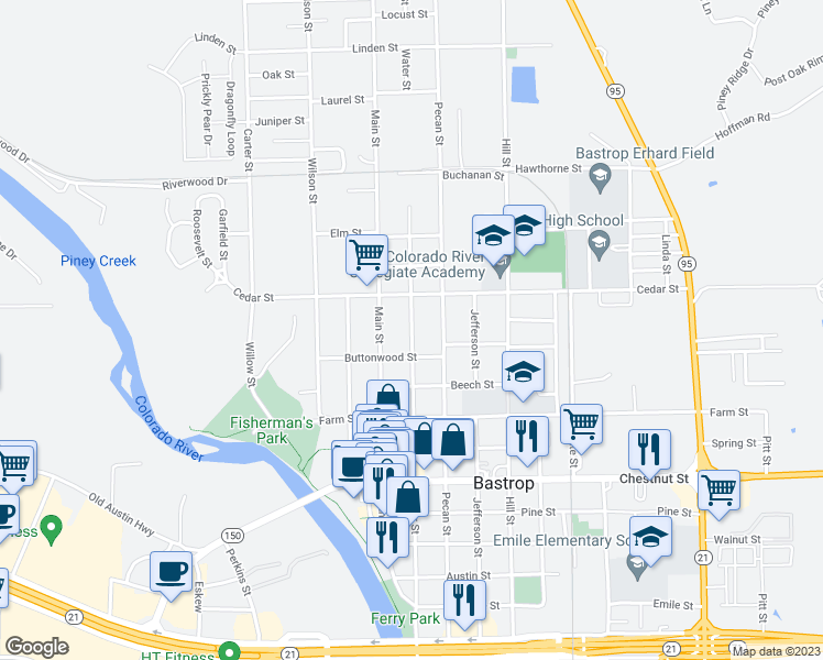 map of restaurants, bars, coffee shops, grocery stores, and more near Water Street in Bastrop