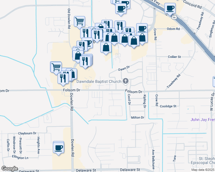 map of restaurants, bars, coffee shops, grocery stores, and more near 5444 Folsom Drive in Beaumont